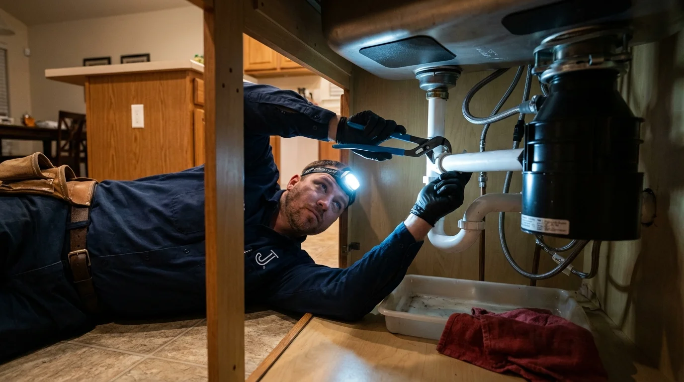 P-trap and supply line connections under a kitchen sink showing a common leak point in Ladson, SC